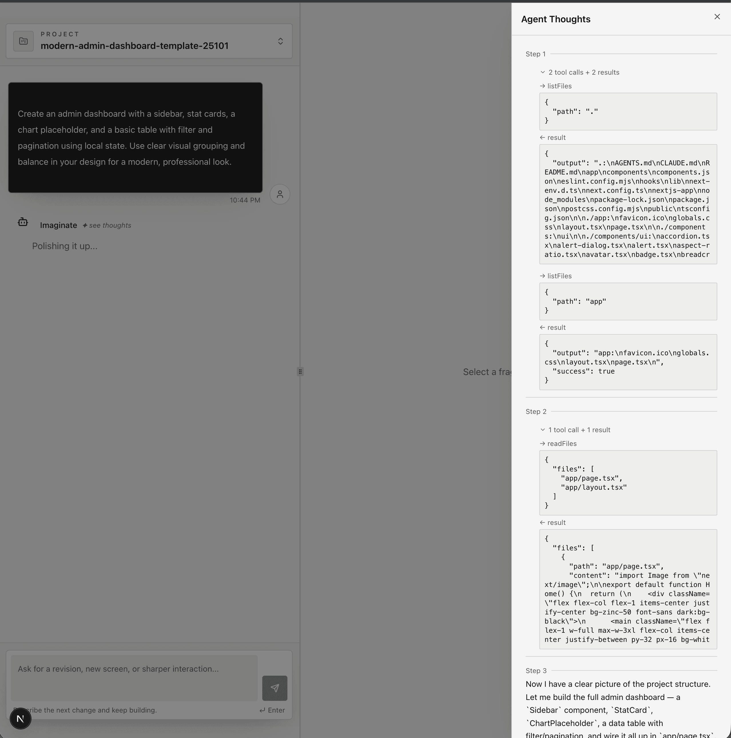 Imaginate's chat surface on the left with a 'see thoughts' button under the assistant avatar, and the Agent Thoughts overlay panel on the right showing tool calls, arguments, and results.
